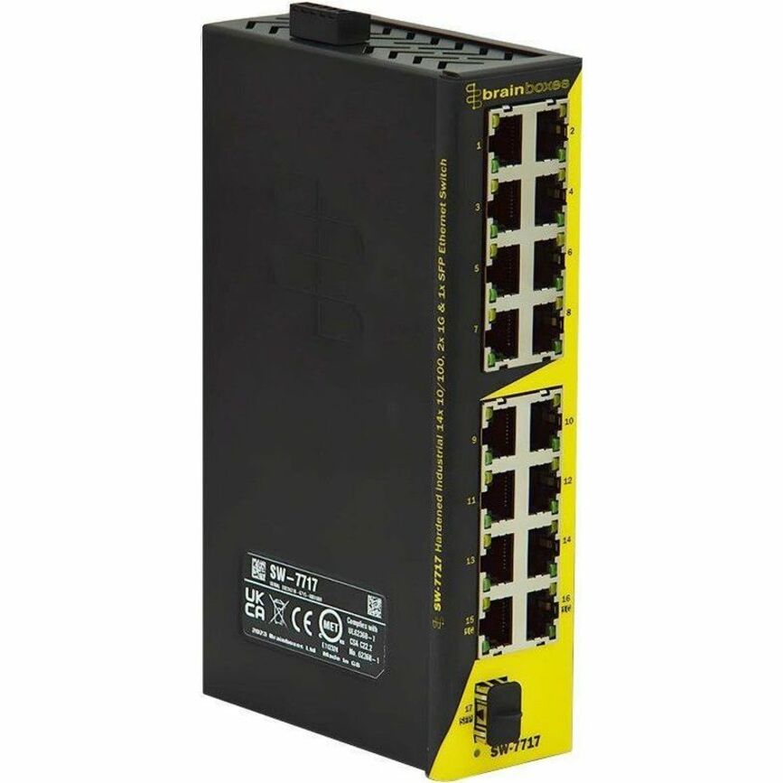 Brainboxes SW-7717 Industrial Ethernet Switch, 14x 10/100 Ports, 2x Gigabit Ports, SFP Fiber Uplink, Hardened Metal Design, DIN Rail Mount, -40°C to +80°C, TAA Compliant (Lifetime Warranty)