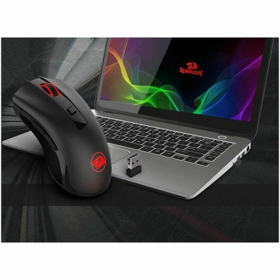 Redragon Nirvana M652 wireless gaming mouse shown with laptop and USB receiver-alternate-image7