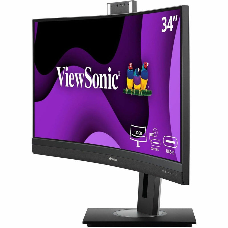 Angled perspective of ViewSonic VG3457CV displaying screen curvature and stand design