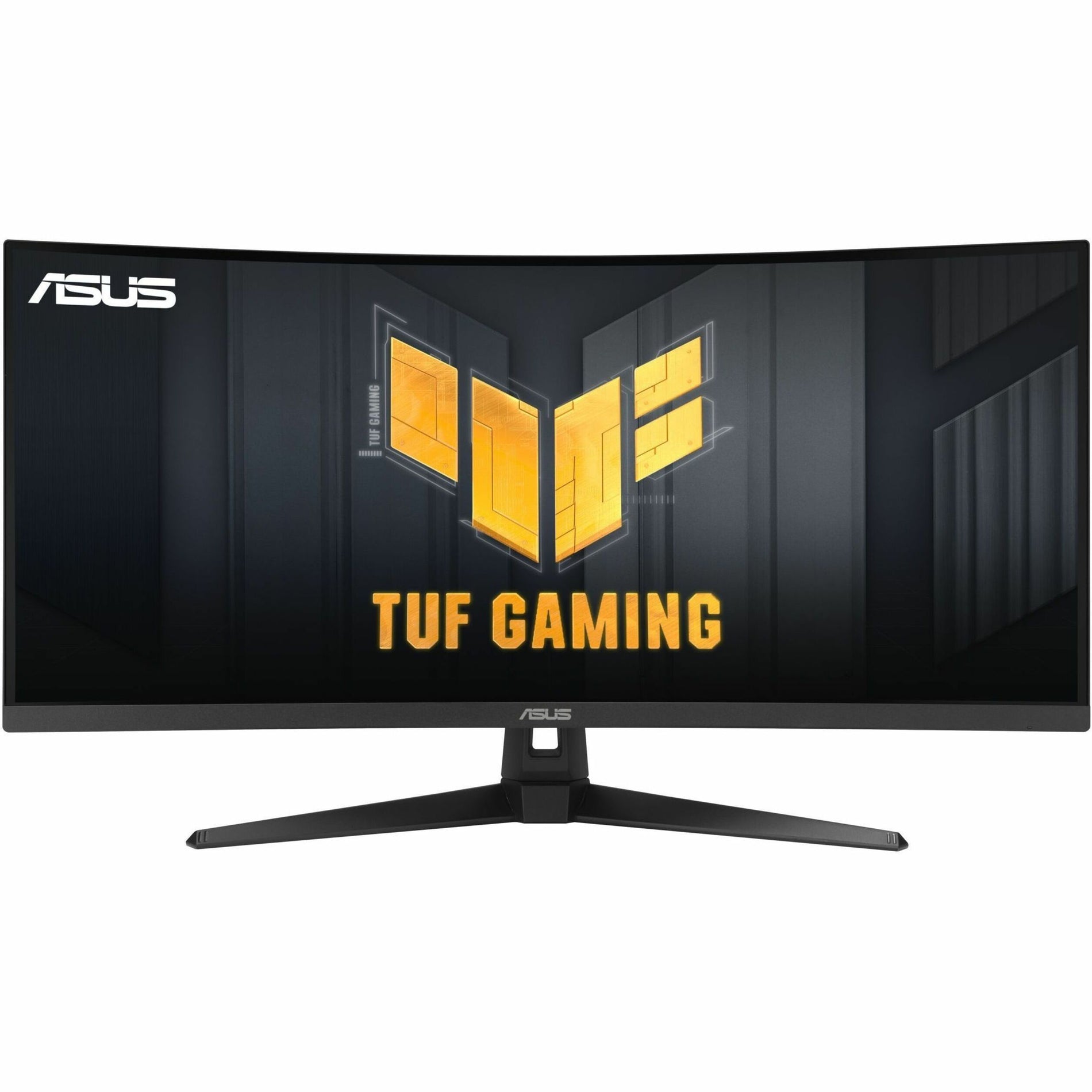 Front view of ASUS TUF Gaming monitor VG34VQ3B displaying TUF Gaming logo with distinctive stand design-alternate-image2