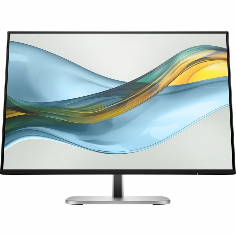 Front view of HP 524pn monitor showing 3-sided borderless display with dynamic wallpaper featuring blue and yellow waves