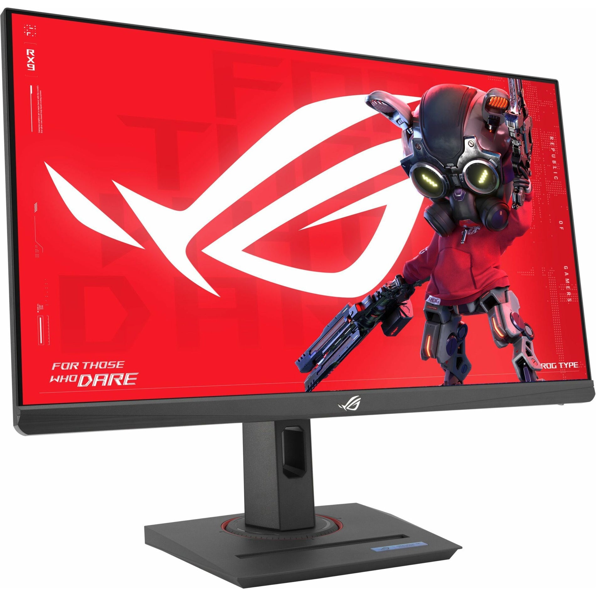 ASUS ROG Strix XG259CS gaming monitor displaying ROG mascot on red background with gaming stand-alternate-image1