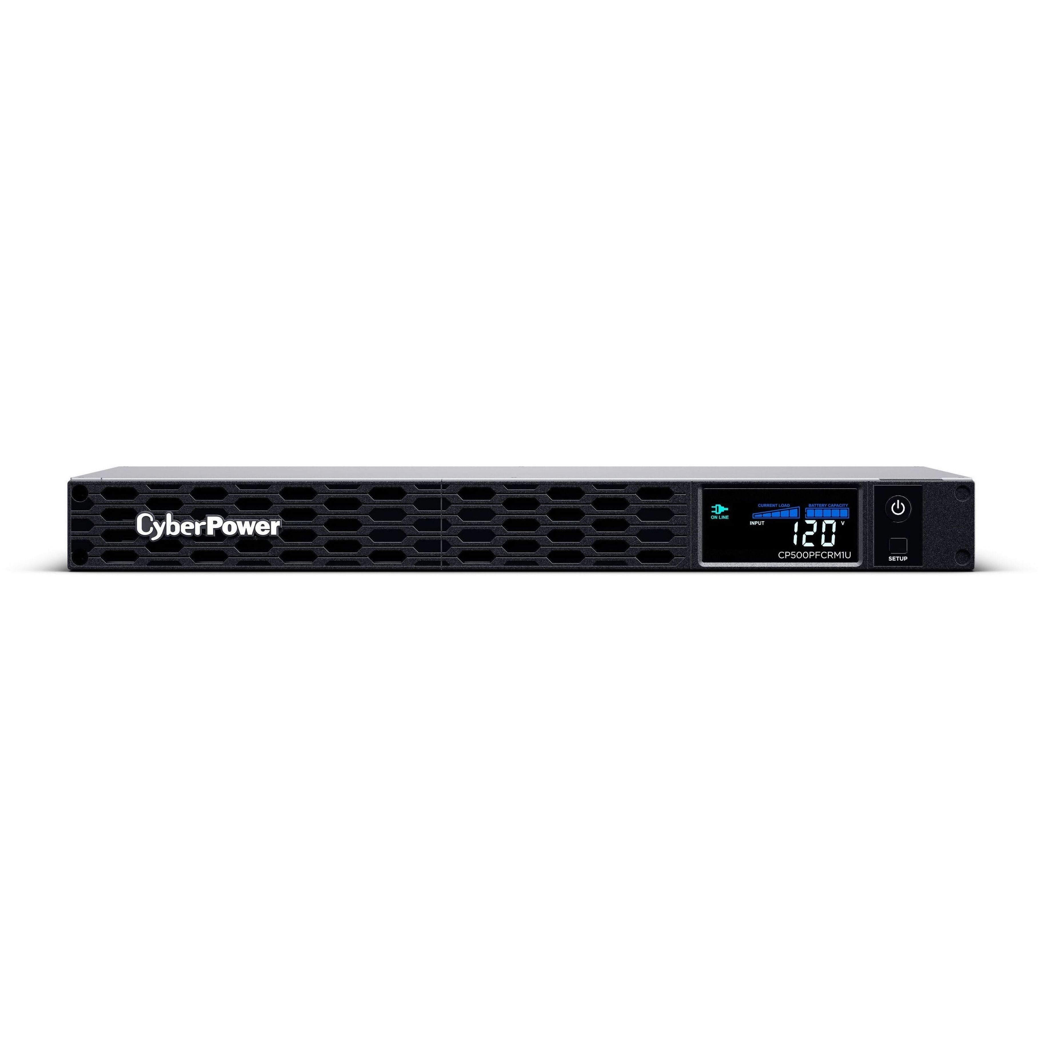 CyberPower PFC Sinewave 500VA Rack-mountable Line-interactive UPS, Hot Swappable, LCD Display, 6 Outlets, AVR, EMI/RFI Filter, GreenPower Technology, Energy Star Black - CP500PFCRM1U (3 Year Warranty)