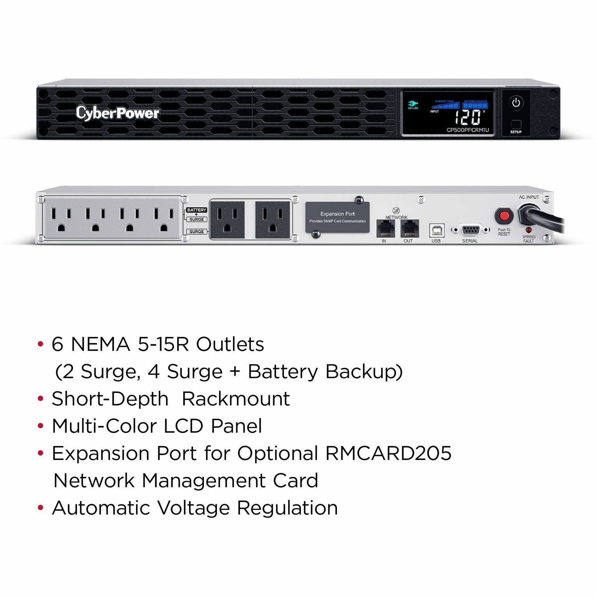 Combined front and rear view of CyberPower CP500PFCRM1U with feature callouts-alternate-image5