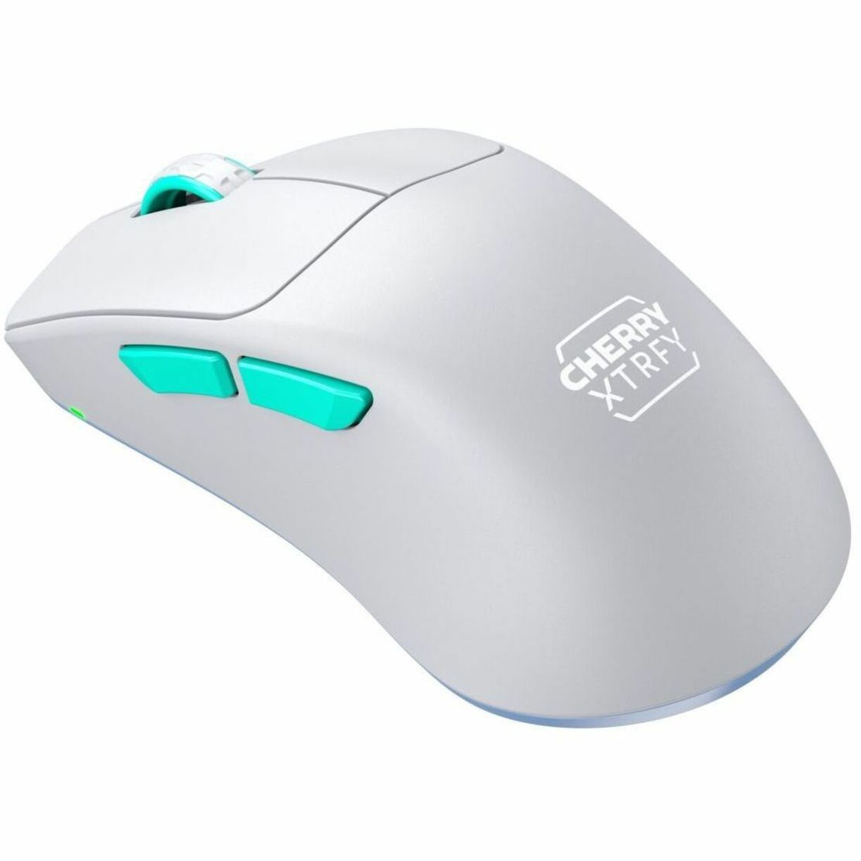 Side profile of white CHERRY XTRFY M64 mouse showing logo and button placement-alternate-image3