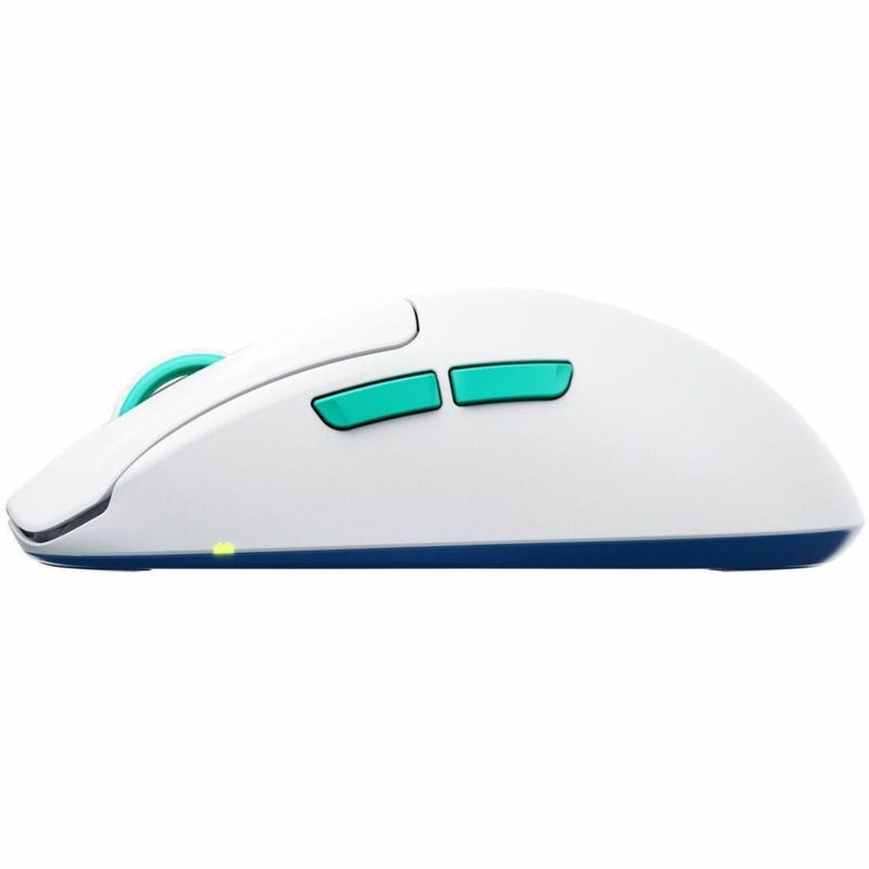 Side view of CHERRY XTRFY M68 wireless gaming mouse showing ergonomic profile and turquoise side buttons