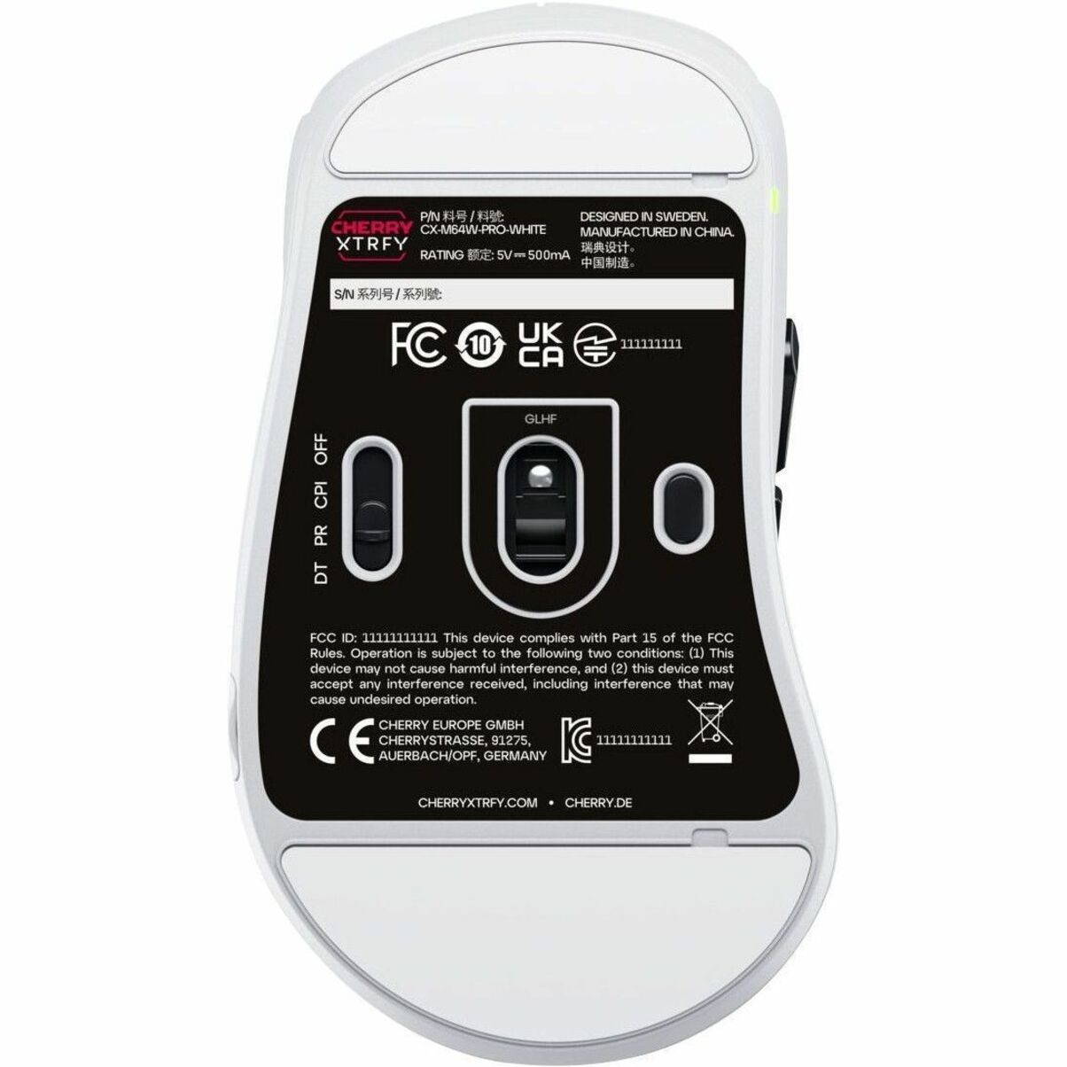 Bottom view of CHERRY XTRFY M64 PRO mouse showing sensor and control switches-alternate-image6