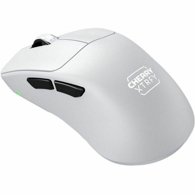 Angled view of white CHERRY XTRFY M64 PRO gaming mouse showing overall design