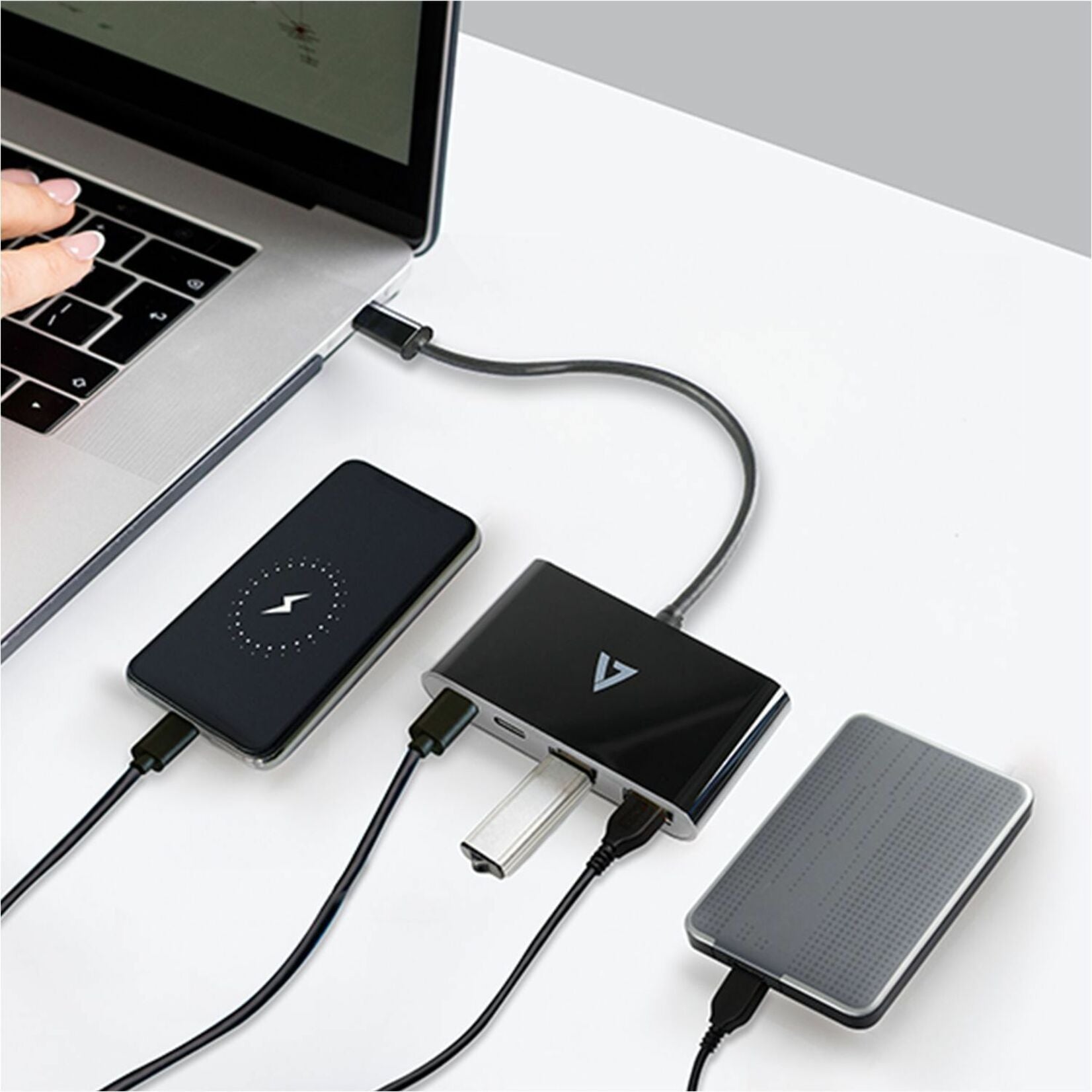 V7 USB-C Hub connected to laptop with multiple devices charging and transferring data-alternate-image8