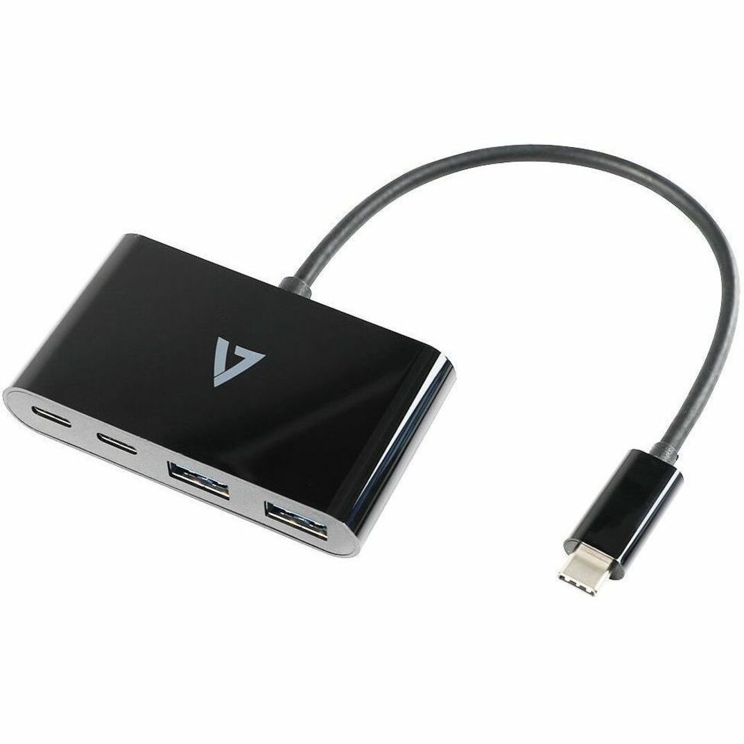 V7 USB-C Hub showing four ports including two USB-C and two USB-A connections with V7 logo on black surface-alternate-image1