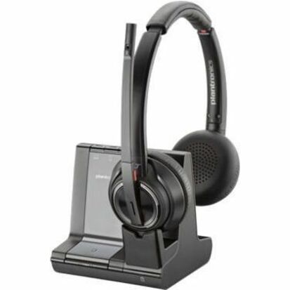 Poly Savi 8220-M wireless headset with charging base station showing side view of the headset and dock-alternate-image1