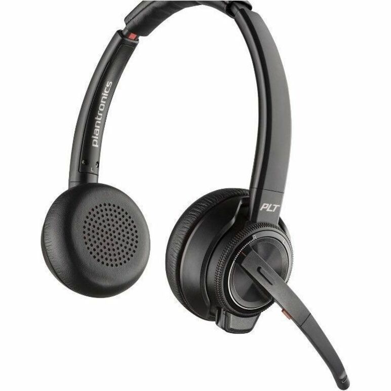 Close-up view of Poly Savi 8220-M headset showing dual speakers and boom microphone design-alternate-image2