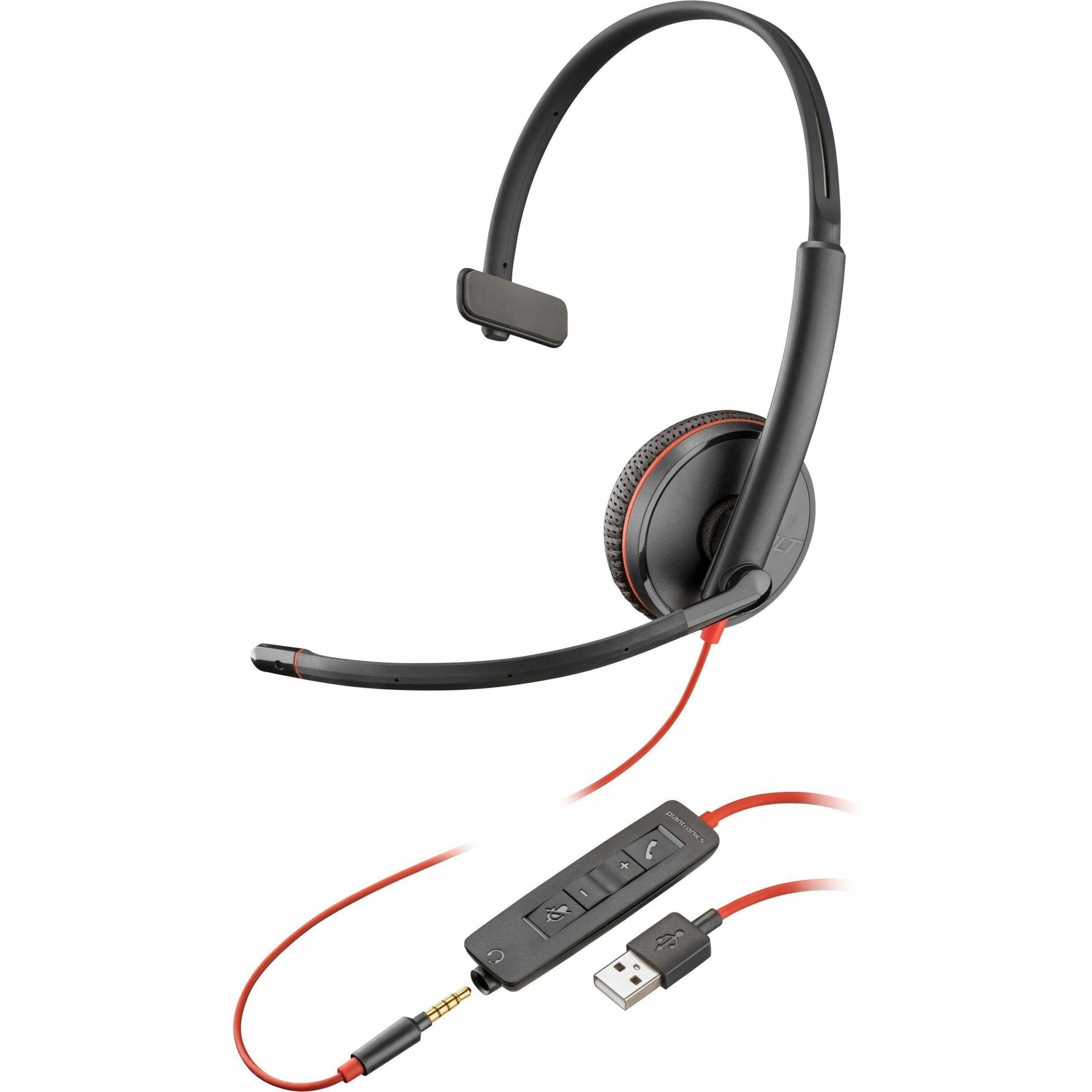 Poly Blackwire 3215 monaural USB headset with flexible boom microphone and inline controller featuring red accents-alternate-image1