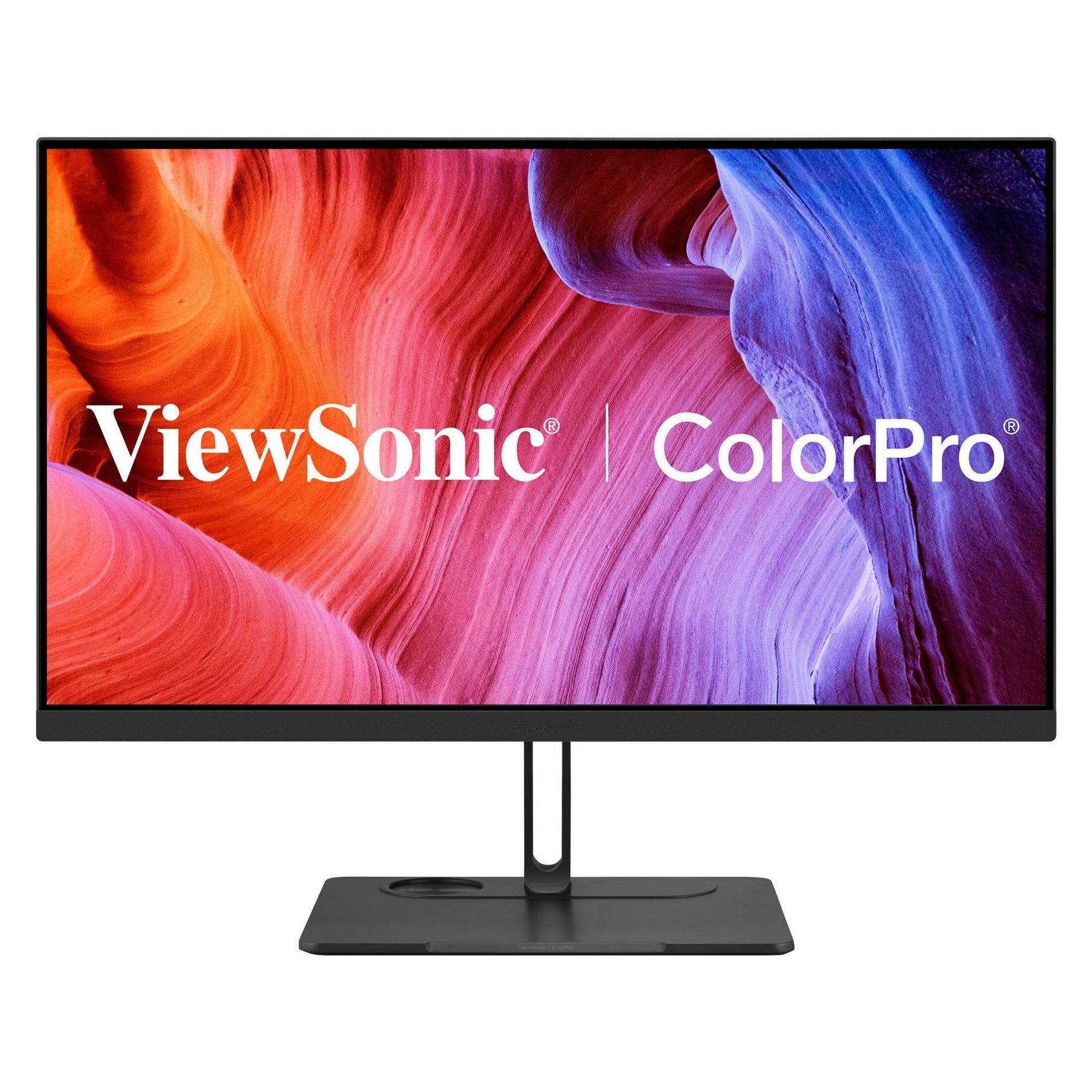 ViewSonic ColorPro VP2776T-4K monitor displaying vibrant gradient pattern in red, pink, and blue tones against black frame-alternate-image1