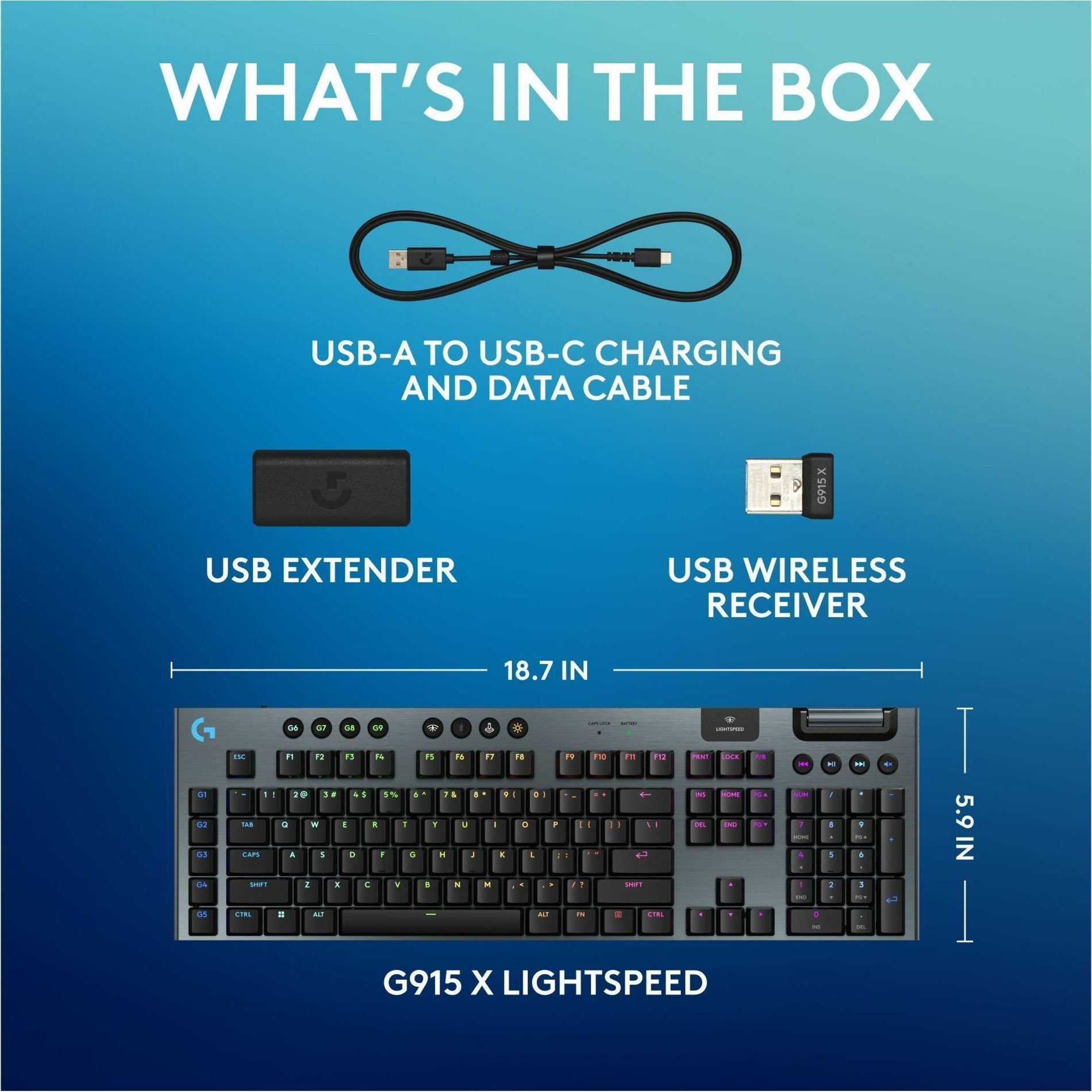 What's in the box layout showing G915 X LIGHTSPEED keyboard and included accessories-alternate-image9