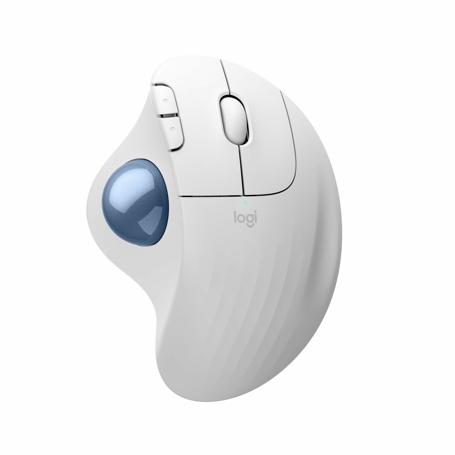 Side profile of Logitech ERGO M575S showing ergonomic curves and blue trackball-alternate-image2