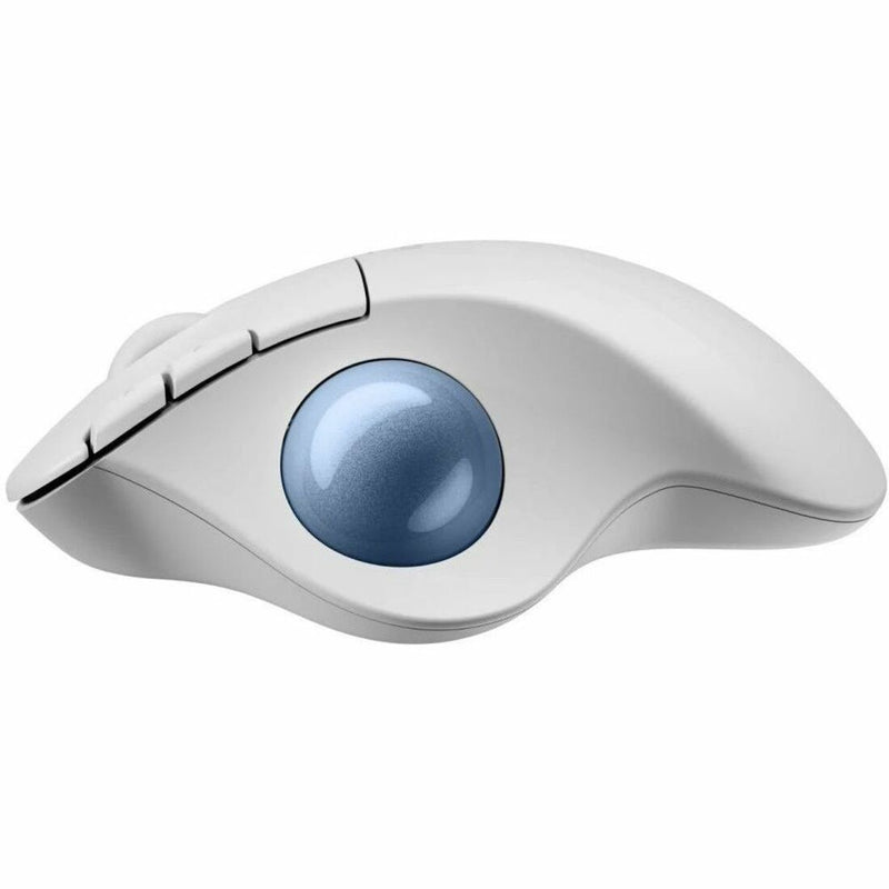 Side profile of Logitech ERGO M575S showing ergonomic curves and blue trackball