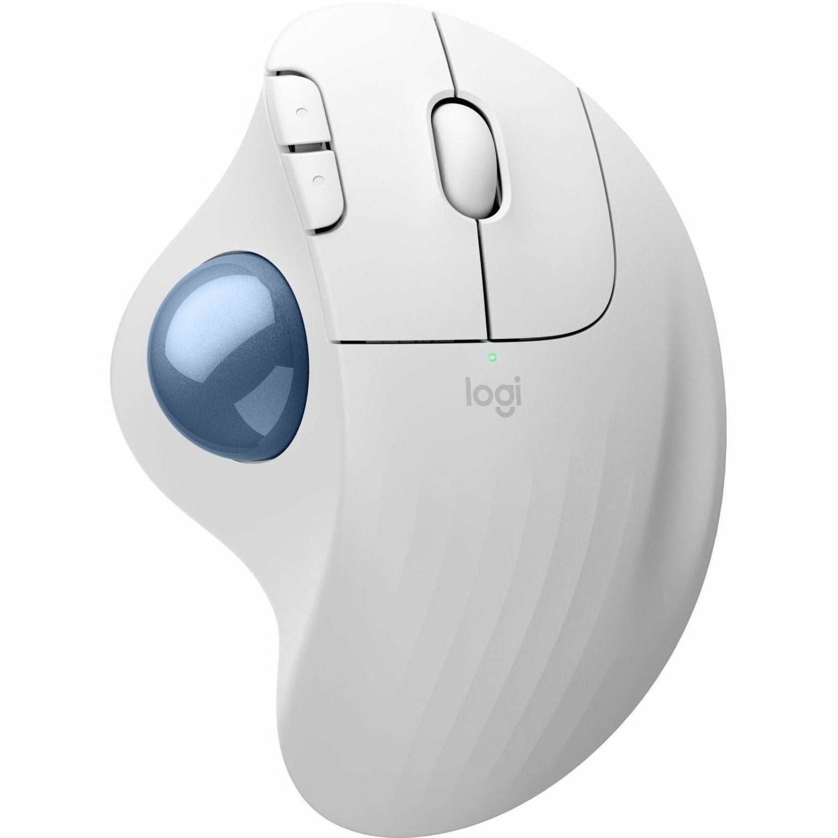 Side angle view of Logitech ERGO M575S wireless trackball mouse in off-white with blue trackball-alternate-image1