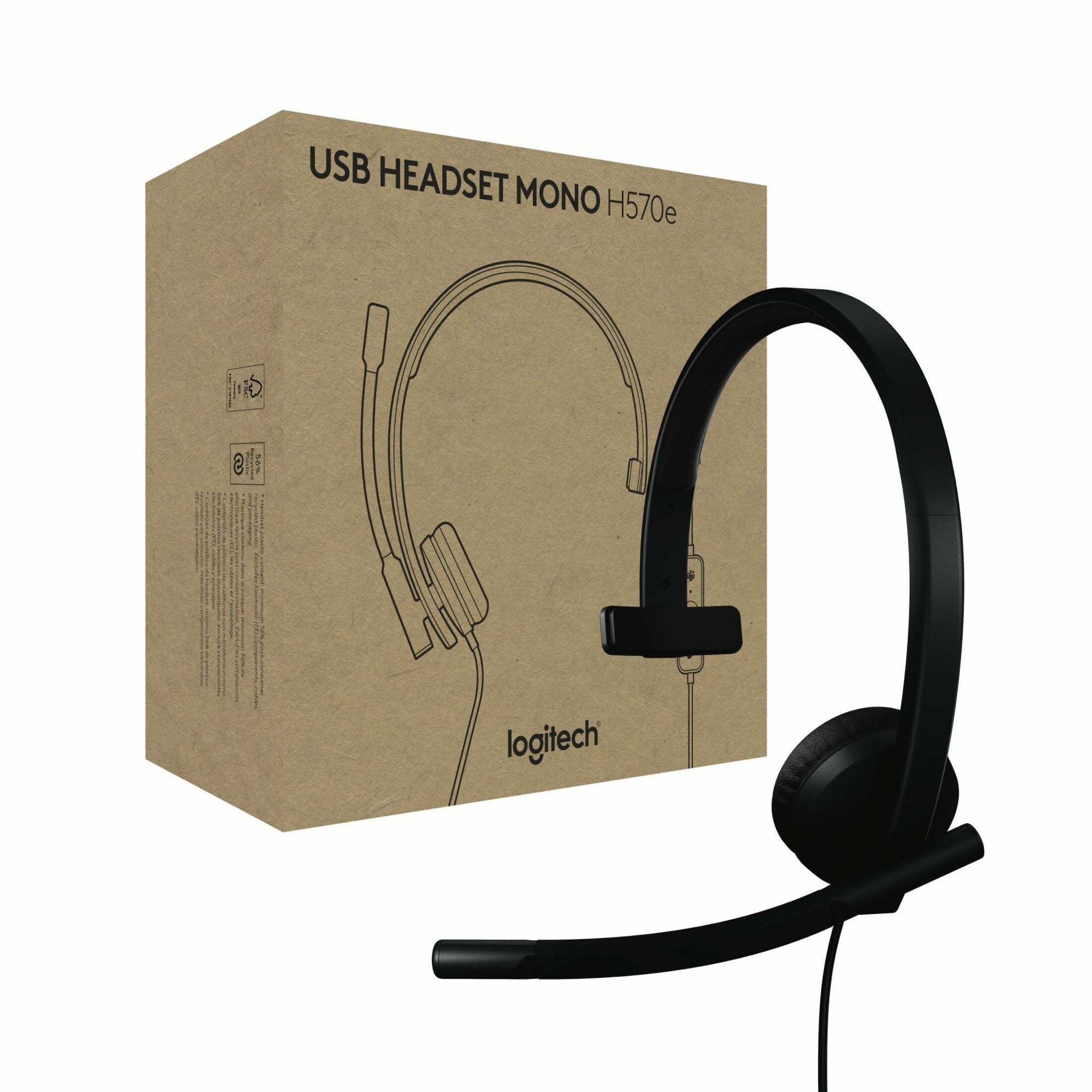 Headset USB Logitech H570e com Microfone para PC e Mac Headset Com Fio USB-C com Som Mono Microfones com Cancelamento de Ruído e Controles Inline Certificado para Microsoft Teams Preto (981-001425)