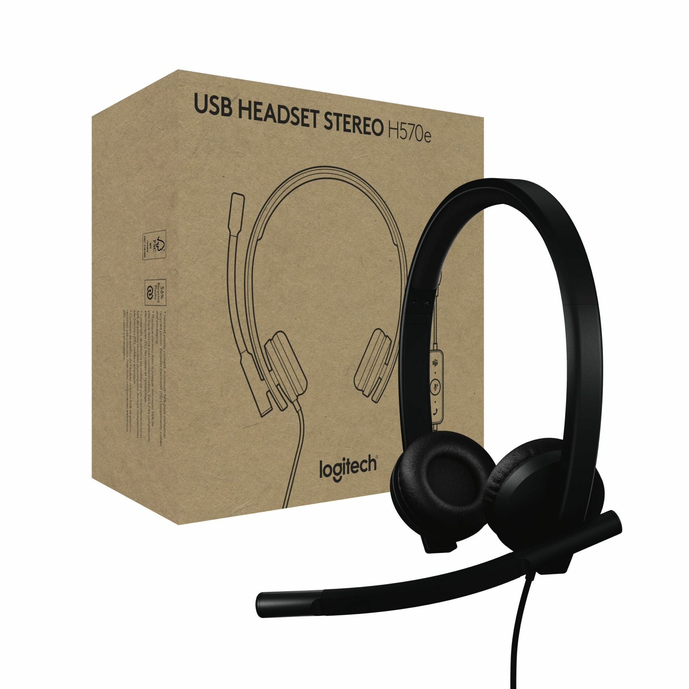 Logitech H570e USB-headset med mikrofon til PC og Mac USB-A kablet headset med stereolyden støjdæmpende mikrofoner og indbygget kontrol certificeret til Microsoft Teams sort (981-001428)