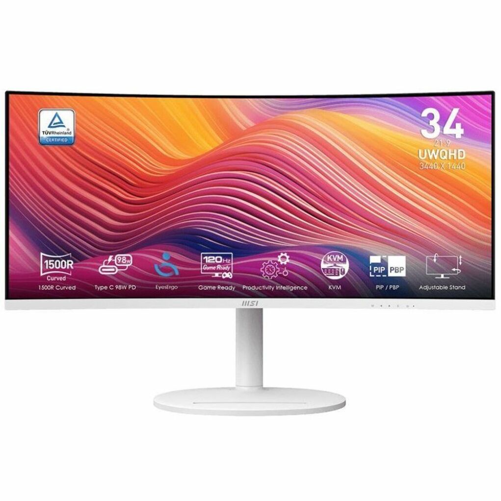 MSI Modern MD342CQPW Curved Monitor; Matte White; 34" screen; VA Panel; 3440x1440 (UWQHD) Resolution; Adaptive-Sync; HDR Ready; non-Glare with narrow bezel: 120Hz Refresh Rate; Tilt, Swivel, Height and Pivot Adjustable (ModernMD342CQPW)