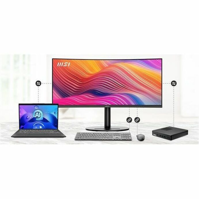 MSI Modern MD342CQP Curved Monitor; Matt Schwarz; 34" Bildschirm; VA-Panel; 3440x1440 (UWQHD) Auflösung; Adaptive-Sync; HDR bereit; blendfrei mit schmalem Rahmen: 120Hz Wiederholfrequenz; Neigung Drehung Höhenverstellung und Pivot einstellbar