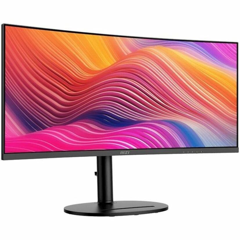 MSI Modern MD342CQP Curved Monitor; Matt Schwarz; 34" Bildschirm; VA-Panel; 3440x1440 (UWQHD) Auflösung; Adaptive-Sync; HDR bereit; blendfrei mit schmalem Rahmen: 120Hz Wiederholfrequenz; Neigung Drehung Höhenverstellung und Pivot einstellbar