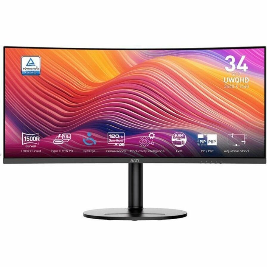 MSI Modern MD342CQP Curved Monitor; Matt Schwarz; 34" Bildschirm; VA-Panel; 3440x1440 (UWQHD) Auflösung; Adaptive-Sync; HDR bereit; blendfrei mit schmalem Rahmen: 120Hz Wiederholfrequenz; Neigung Drehung Höhenverstellung und Pivot einstellbar