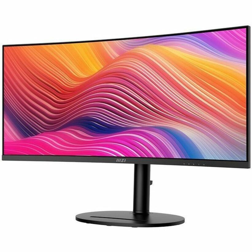 MSI Modern MD342CQP Curved Monitor; Matt Schwarz; 34" Bildschirm; VA-Panel; 3440x1440 (UWQHD) Auflösung; Adaptive-Sync; HDR bereit; blendfrei mit schmalem Rahmen: 120Hz Wiederholfrequenz; Neigung Drehung Höhenverstellung und Pivot einstellbar