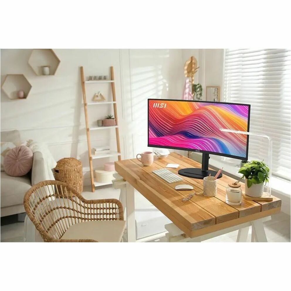 MSI Modern MD342CQP Curved Monitor; Matt Schwarz; 34" Bildschirm; VA-Panel; 3440x1440 (UWQHD) Auflösung; Adaptive-Sync; HDR bereit; blendfrei mit schmalem Rahmen: 120Hz Wiederholfrequenz; Neigung Drehung Höhenverstellung und Pivot einstellbar