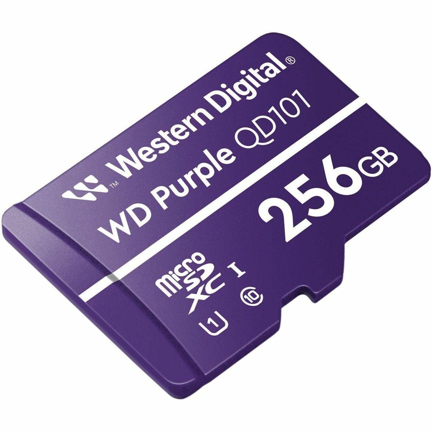 WD Purple QD101 256GB microSDXC card angled view displaying durability features and branding-alternate-image2