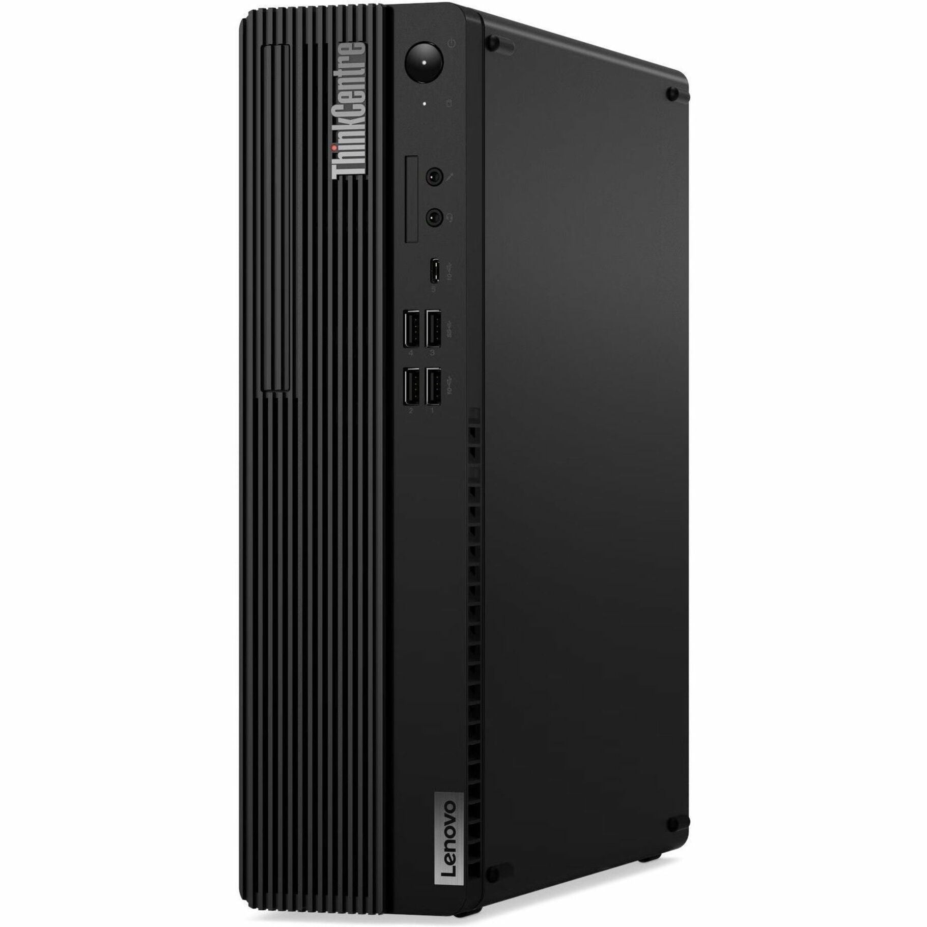 Front view of Lenovo ThinkCentre M90s Gen 5 small form factor desktop computer showing vertical orientation with front USB ports and ThinkCentre branding-alternate-image1