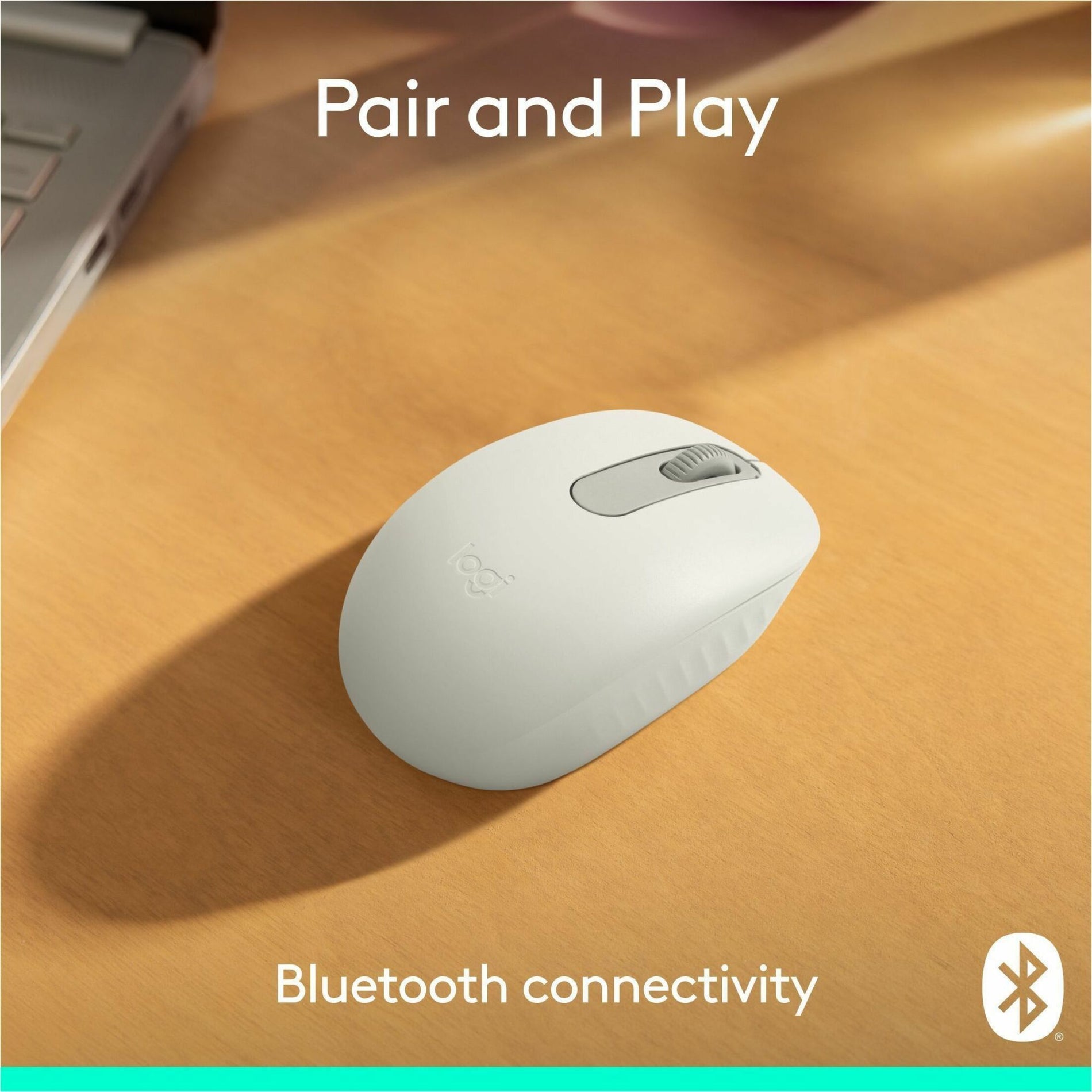 Logitech M196 mouse with Bluetooth connectivity icon and 'Pair and Play' text overlay-alternate-image2