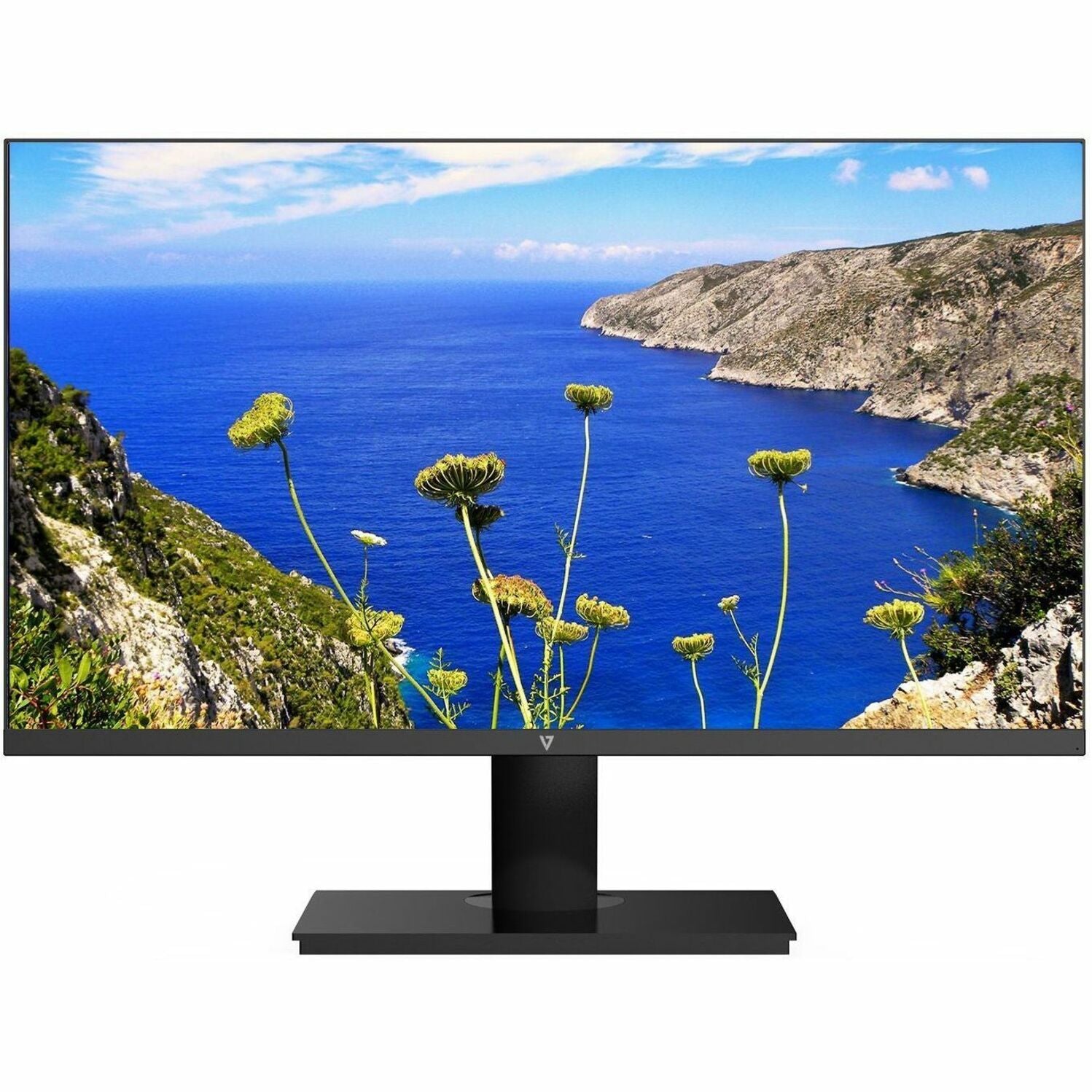 Front view of V7 monitor with thin bezels showing coastal landscape display-alternate-image2