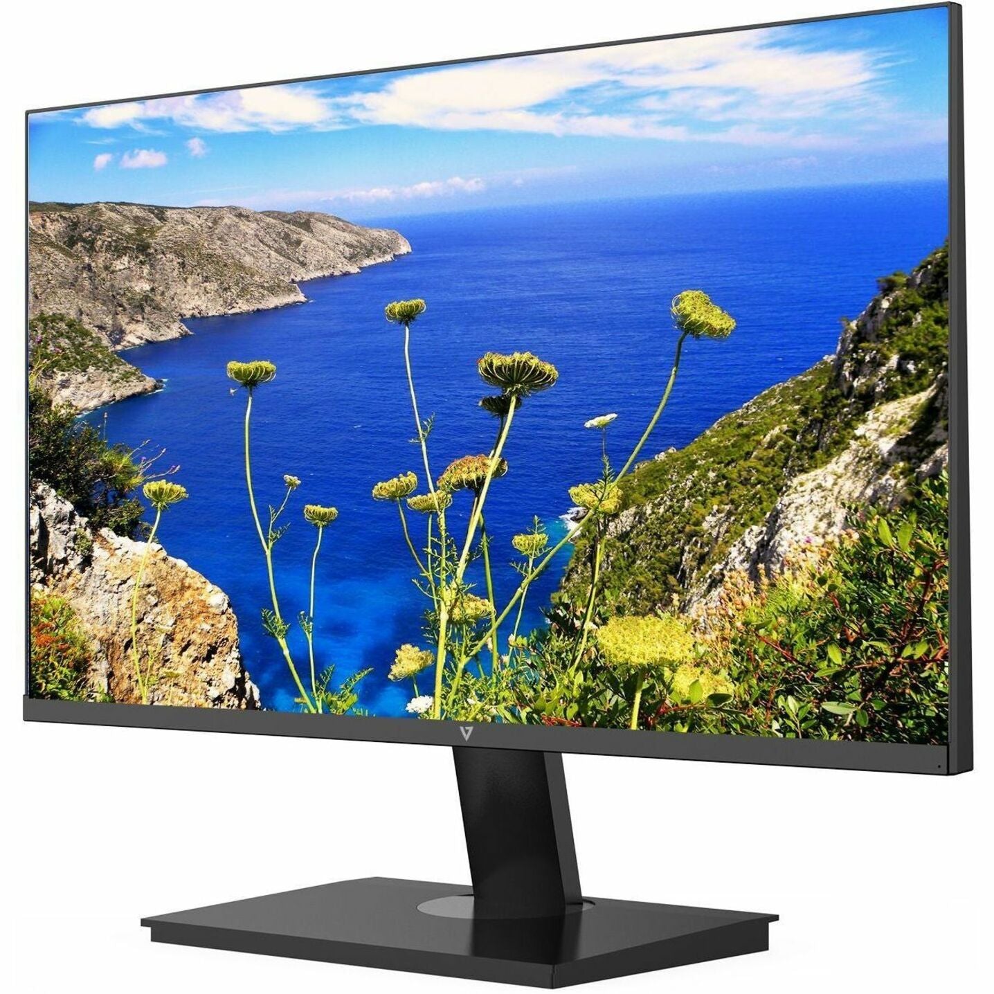 V7 24-inch monitor displaying vibrant coastal scenery with blue ocean and yellow flowers-alternate-image1