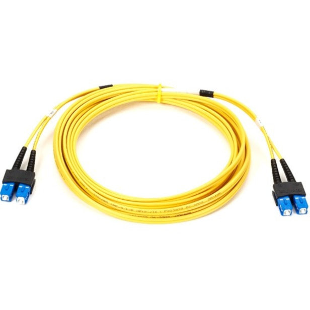 Full length view of yellow single-mode fiber optic patch cable with blue SC connectors on both ends