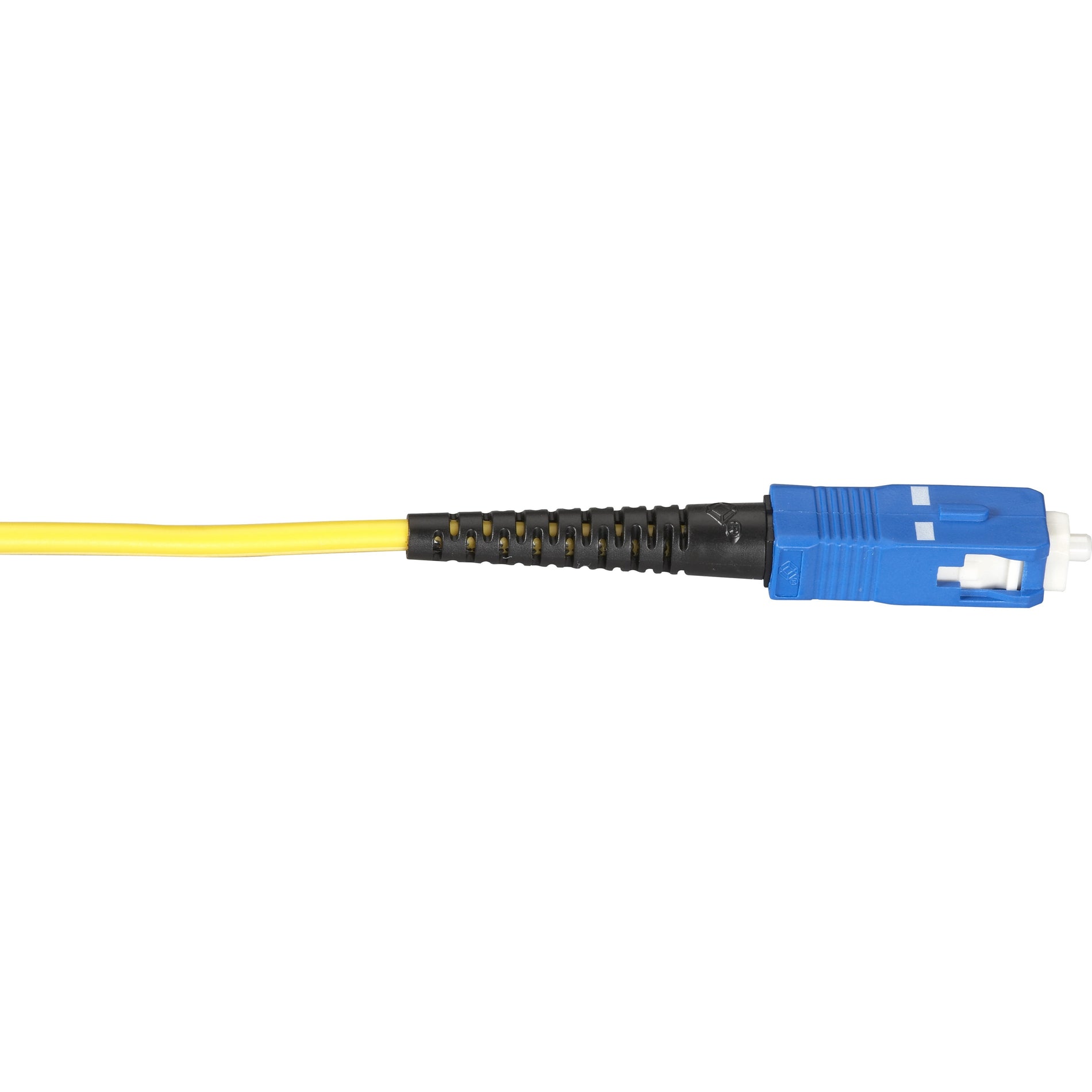 Close-up view of Black Box single-mode fiber optic cable with yellow jacket and blue SC connector end-alternate-image1