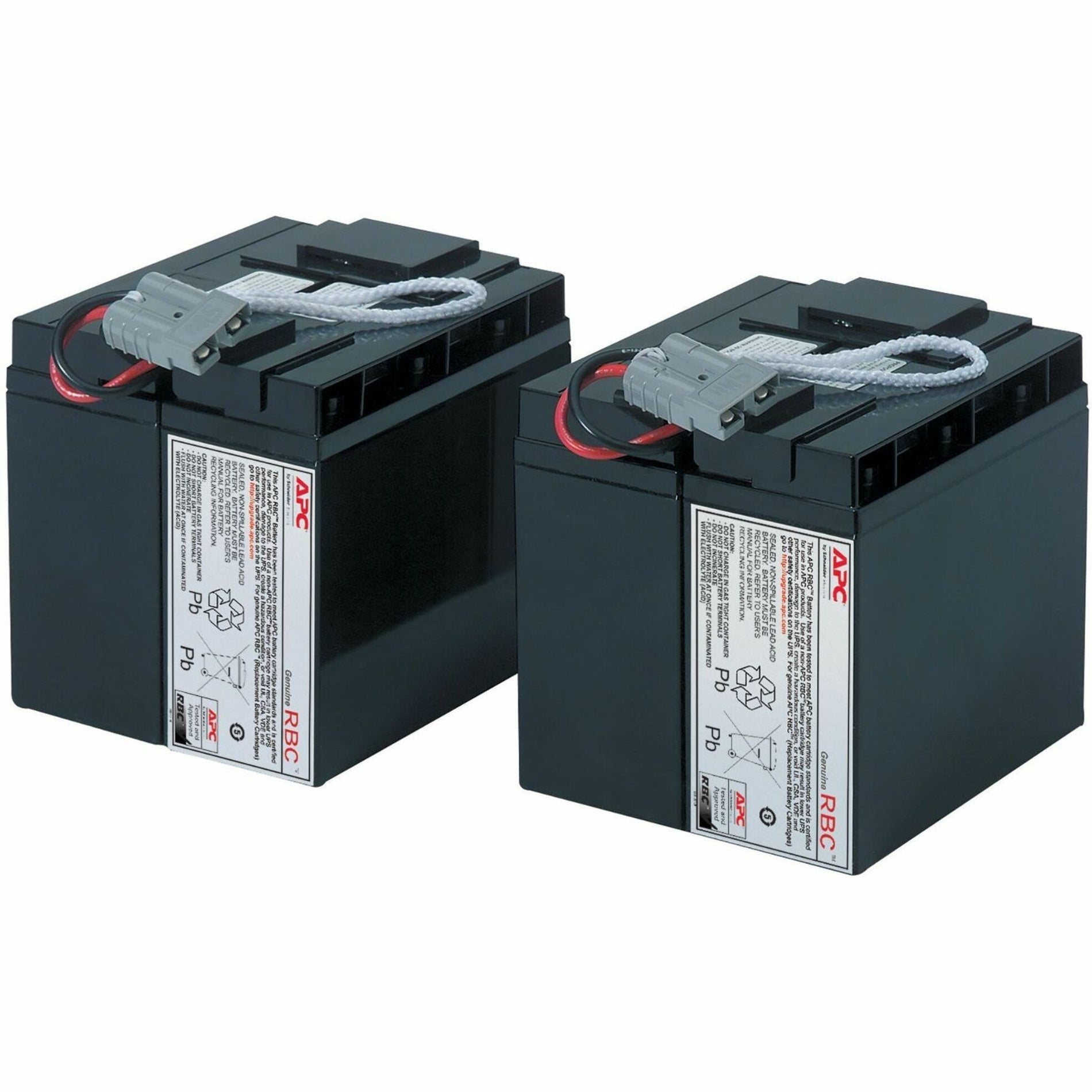 APC RBC55 replacement battery cartridge showing two identical black battery units with gray connectors and warning labels-alternate-image1