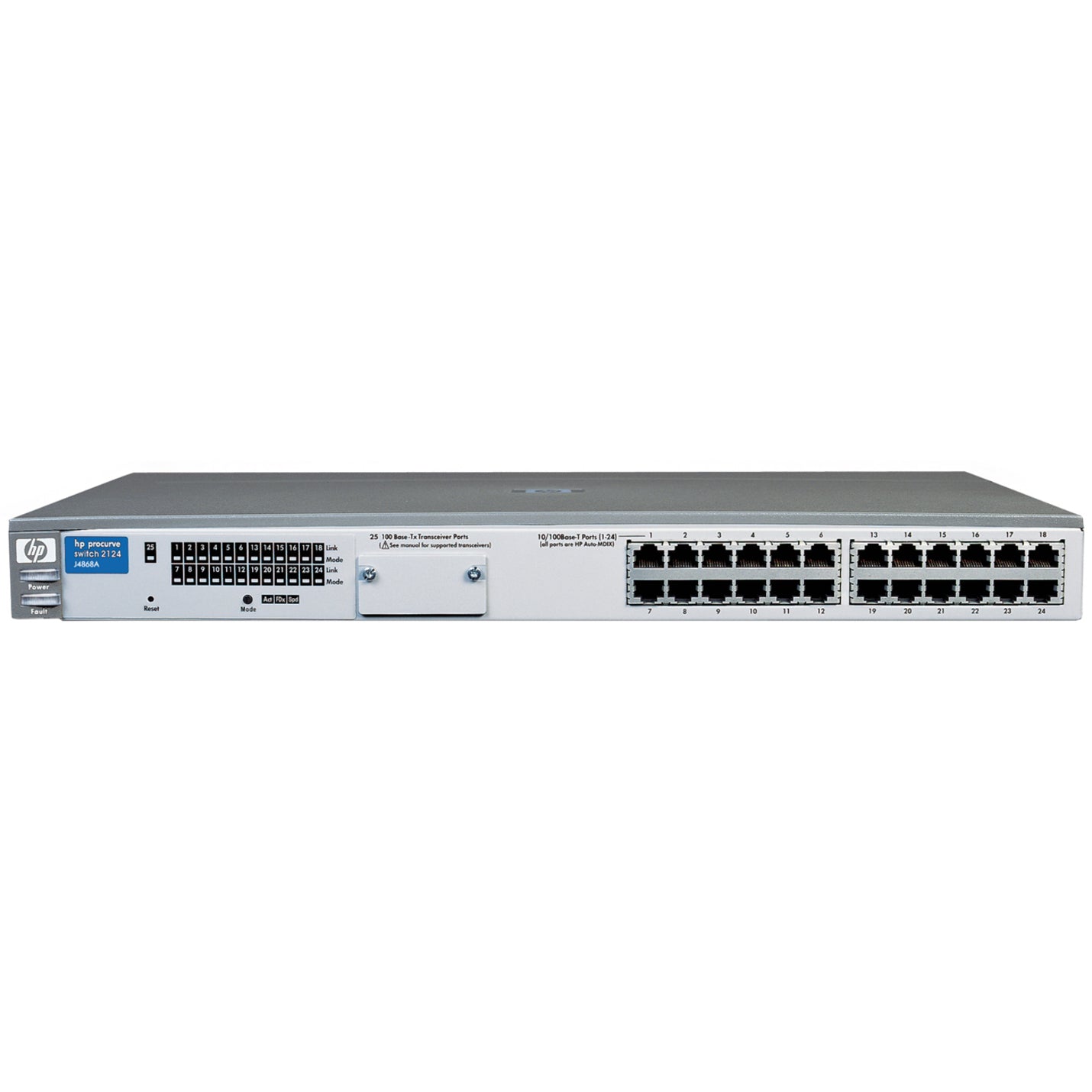 Front view of HPE ProCurve 2124 Ethernet switch showing 24 RJ-45 ports and LED indicators-alternate-image1