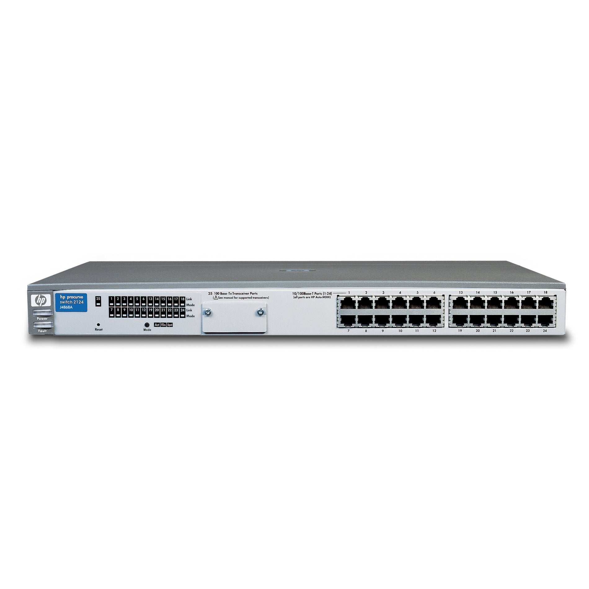 Angled view of HPE ProCurve 2124 switch emphasizing port density and compact design-alternate-image3