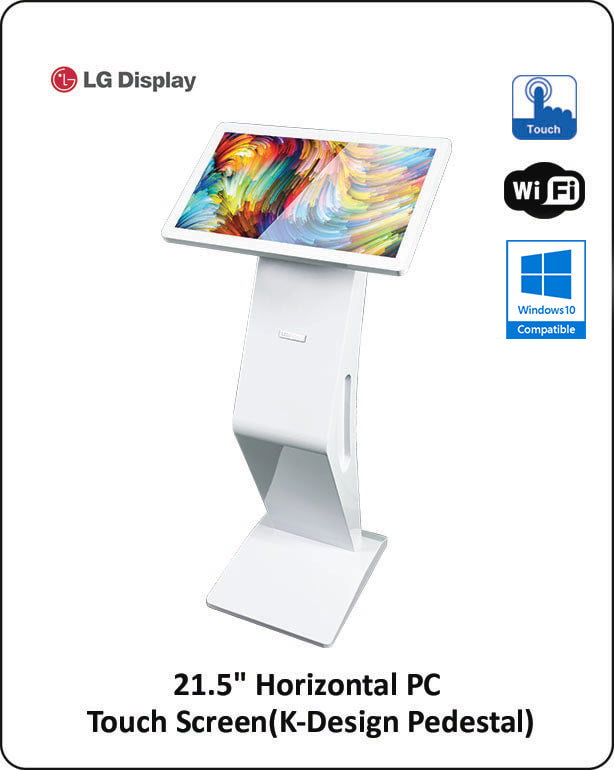 21.5-inch LG Display touch screen kiosk with K-Design pedestal showing Windows 10 compatibility and WiFi connectivity-alternate-image1