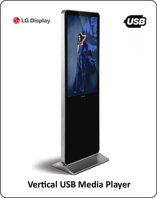 Vertical USB media player kiosk with LG Display branding showing high-quality screen display