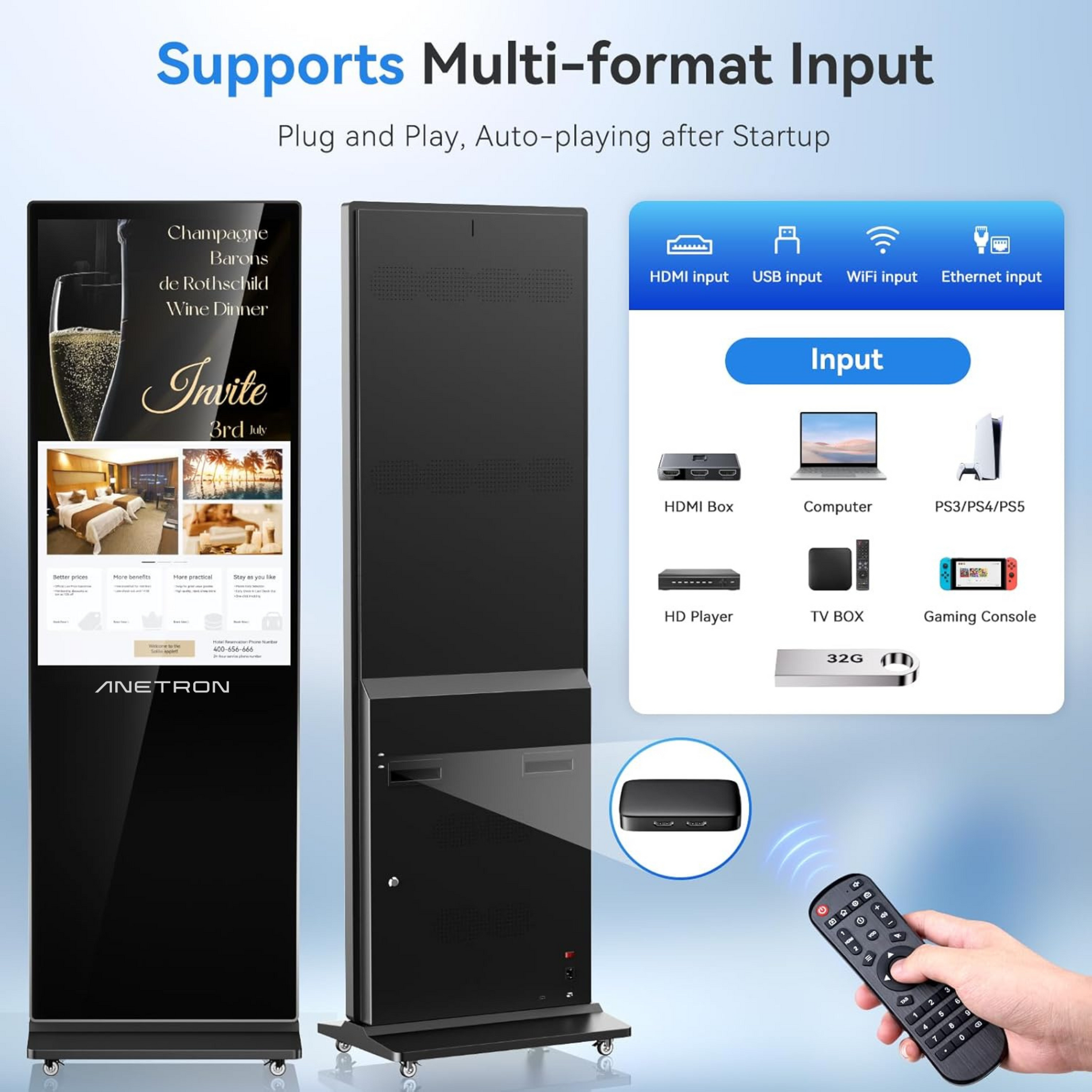 Anetron Digital Signage Portable Kiosk with 4K Touch Screen, LG Display, Built-in Speaker, HDMI, USB, and Ethernet Connectivity