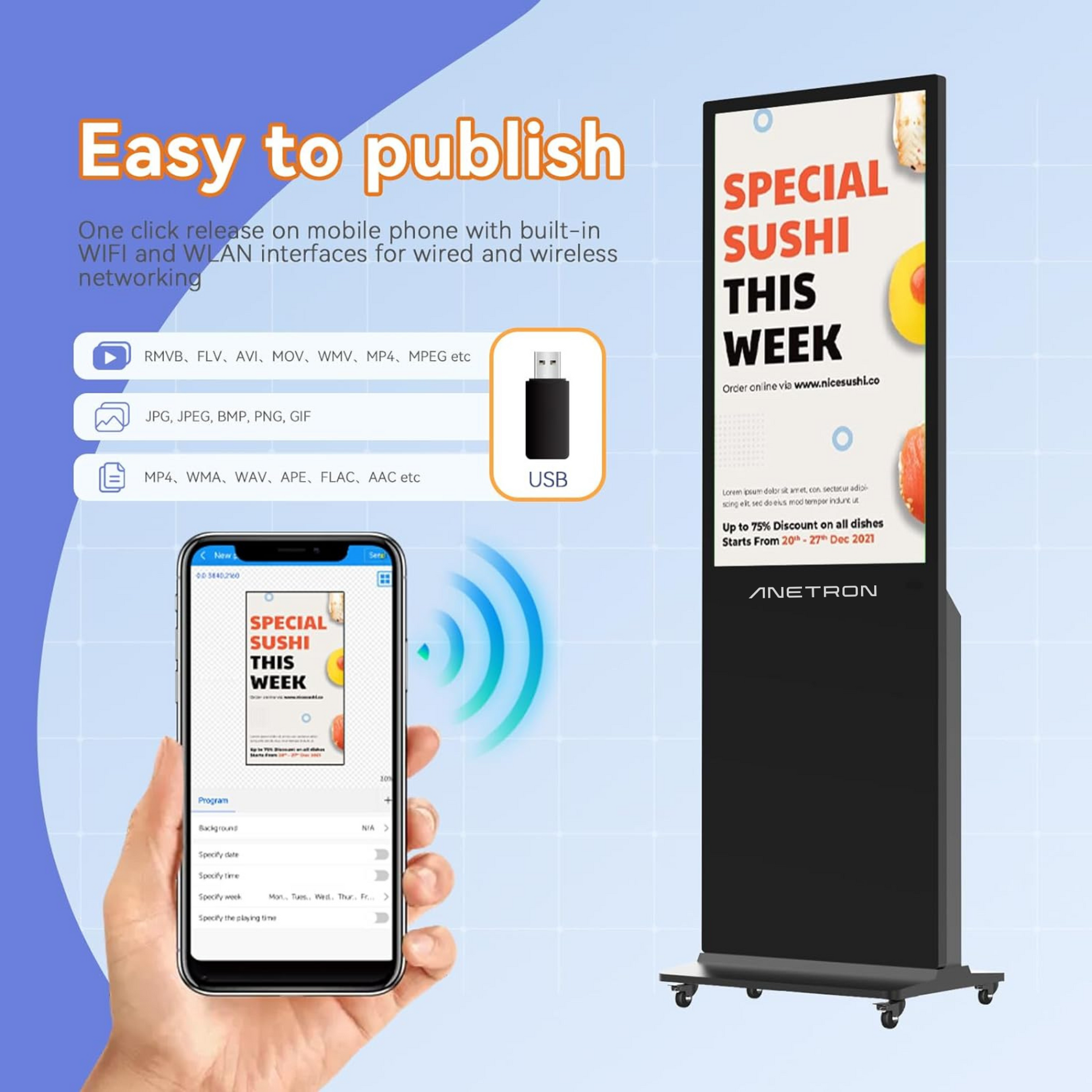 Anetron Digital Signage Portable Kiosk with 4K Touch Screen, LG Display, Built-in Speaker, HDMI, USB, and Ethernet Connectivity