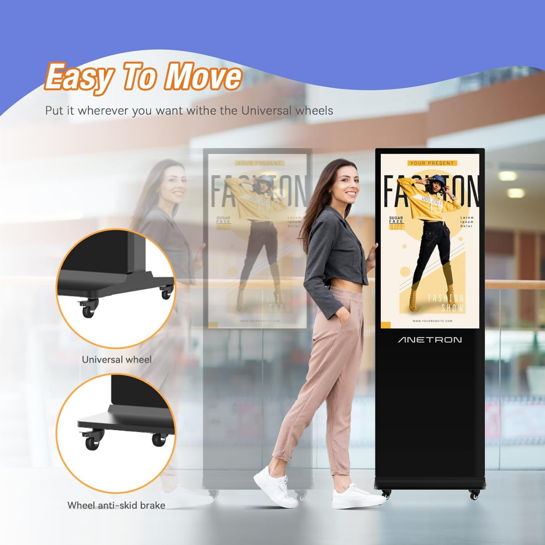 Anetron Digital Signage Portable Kiosk with 4K Touch Screen, LG Display, Built-in Speaker, HDMI, USB, and Ethernet Connectivity