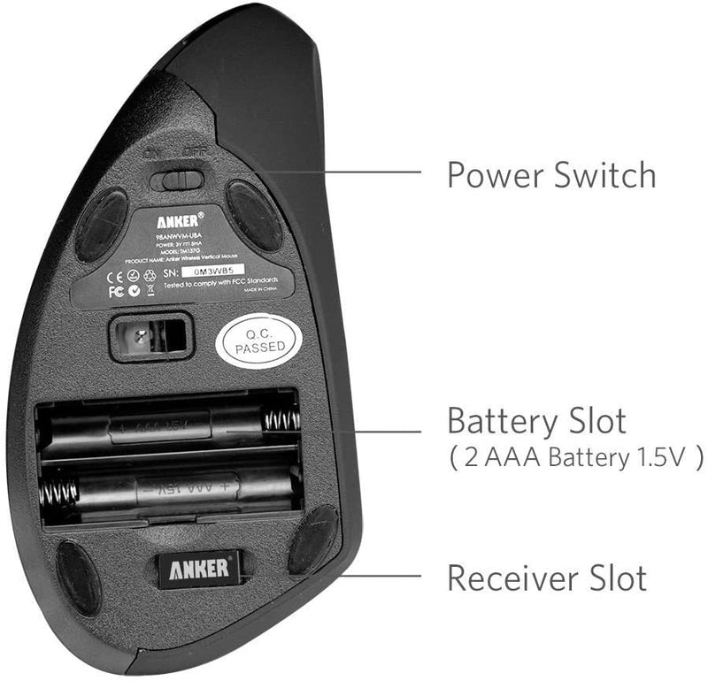 Technical diagram showing power switch, battery compartment, and receiver storage locations