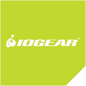 IOGEAR company logo in white text on lime green background with folded corner effect