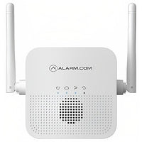 Front view of white Alarm.com wireless doorbell showing dual antennas, LED indicators, and perforated speaker grille design-alternate-image1