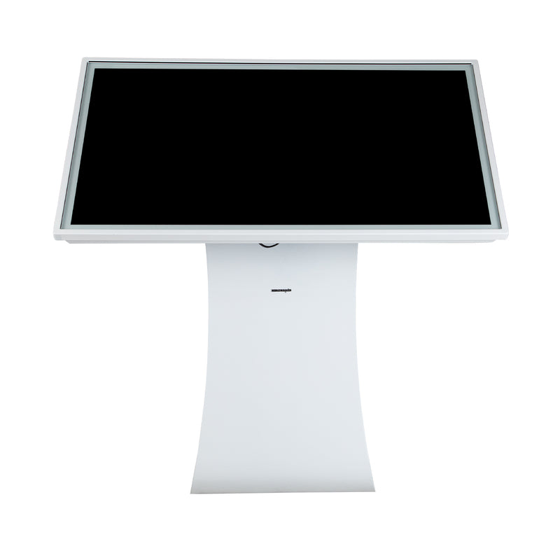 Front view of white S-Design kiosk with black display screen