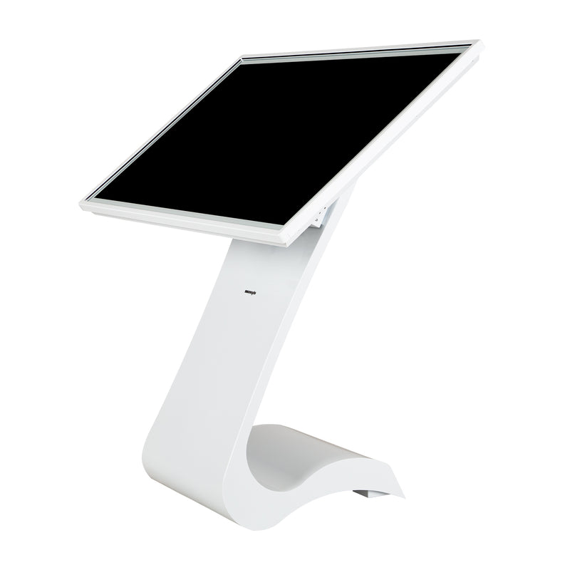 Angled view of S-Design kiosk highlighting Z-shaped support structure